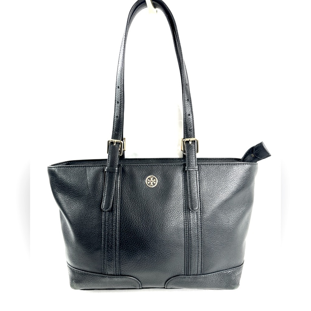 Tory Burch Black Leather Large East West Tote Shoulder Bag Purse Brass Buckles